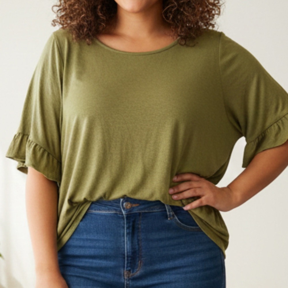 Kim Rogers Olive Short Sleeve Ruffle Top plus Size 2X